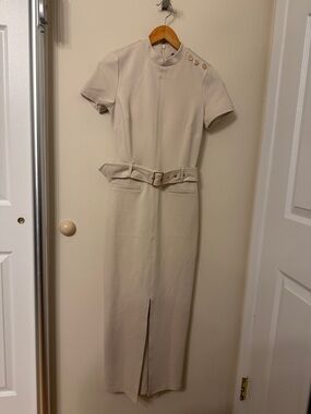 Karen Millen Cream Tailored Dress with Belted Waist